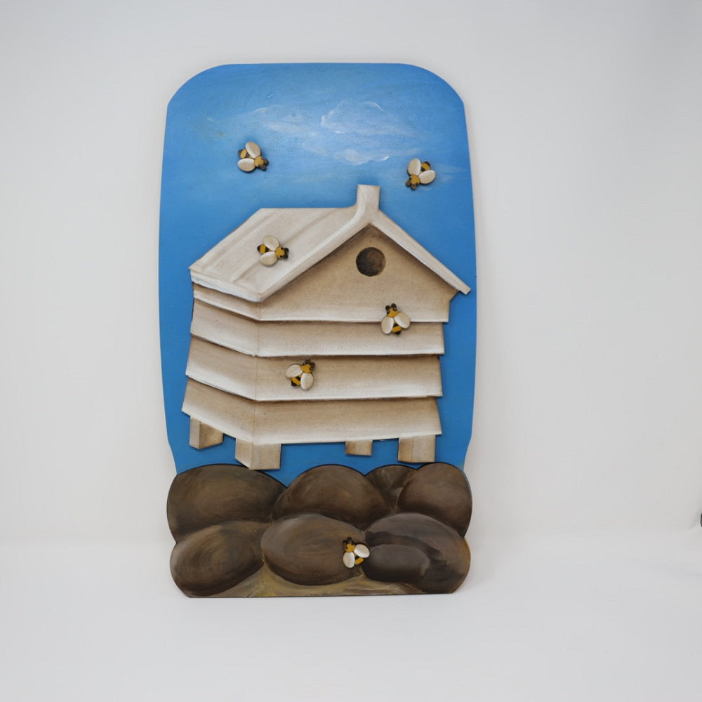 3D Design By Line Mason Jar MDF Cutout With Stacked Hive On Pebbles With Bees - Unfinished For DIY