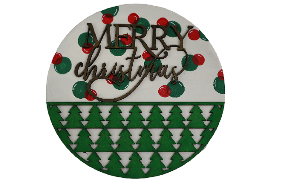 3D Round MDF Cutout Merry Christmas With Trees Style 1 - Unfinished For DIY