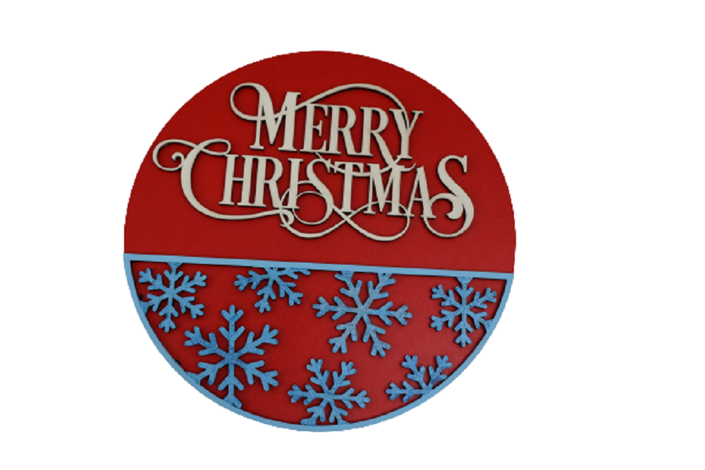 3D Round MDF Cutout Merry Christmas With Snowflakes - Unfinished For DIY