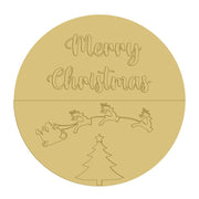 3D Round MDF Cutout Merry Christmas With Reindeer Sleigh And Christmas Tree - Unfinished For DIY