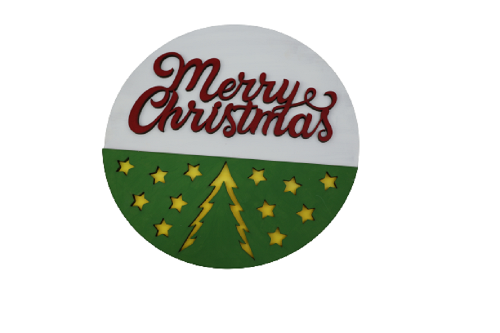 3D Round MDF Cutout Merry Christmas Style 1 - Unfinished For DIY