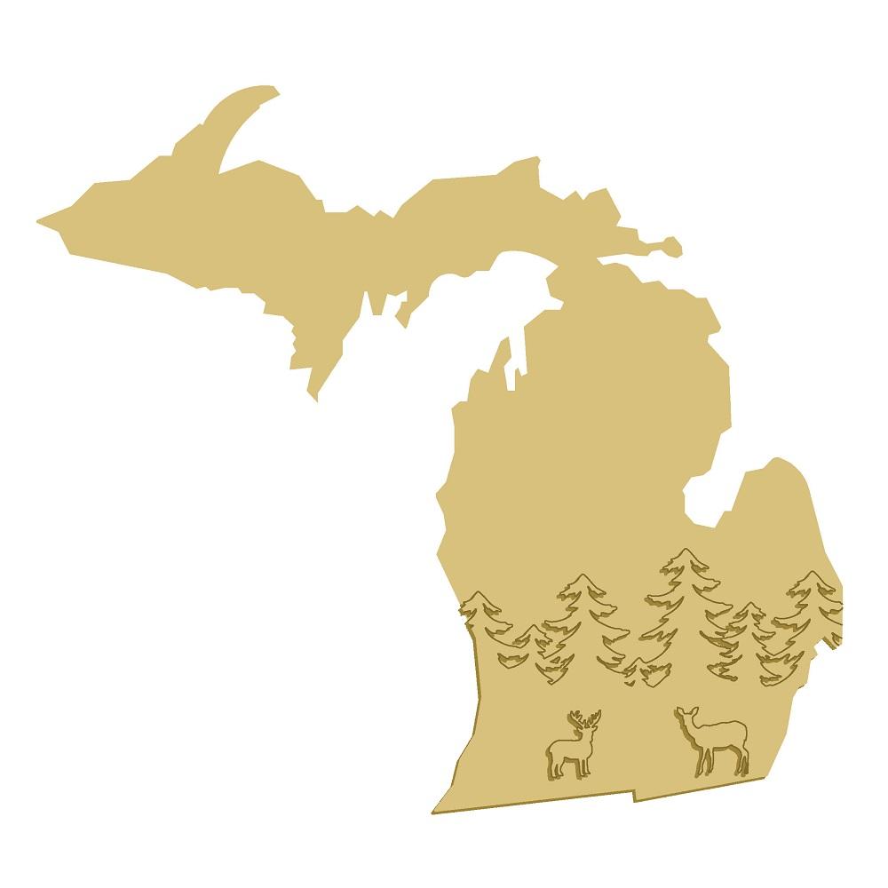 3D Michigan MDF Cutout Deer And Pine Forest - Unfinished For DIY