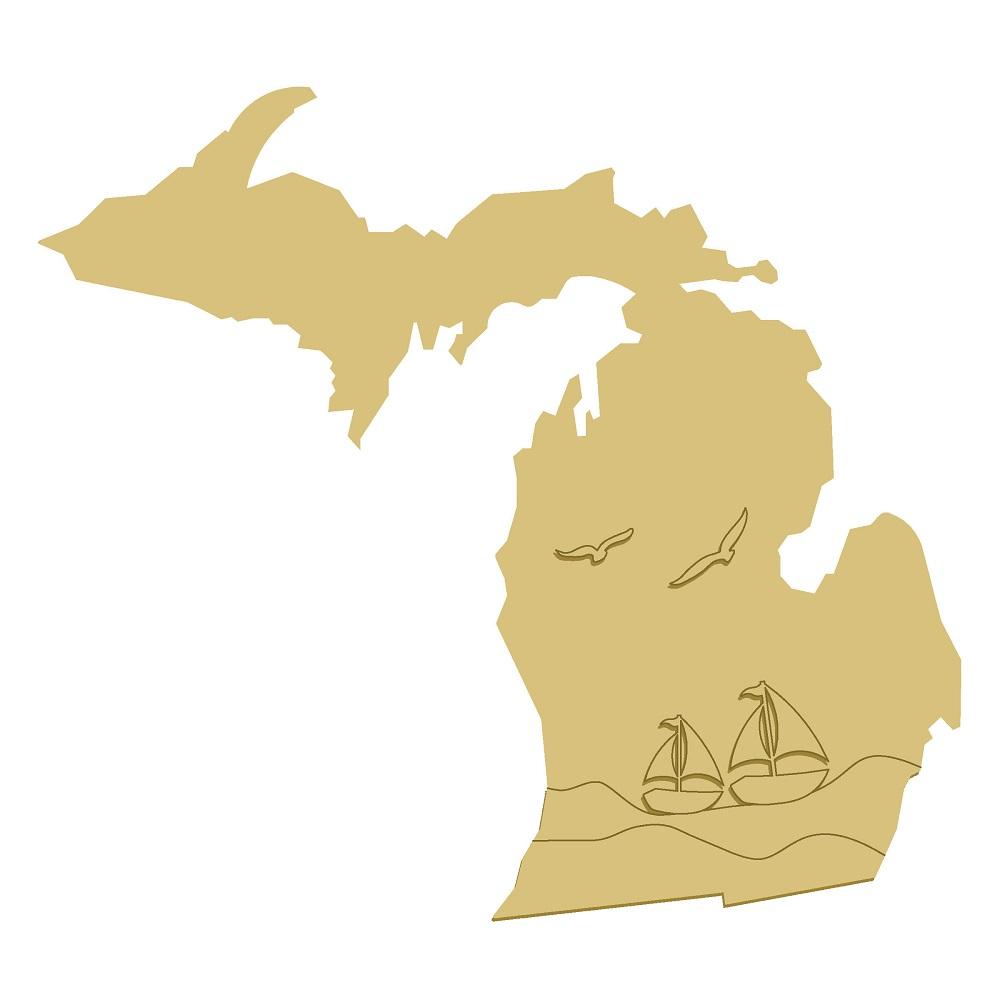 3D Michigan With Boats MDF Cutout Sailboats On Shoreline With Seagulls - Unfinished For DIY