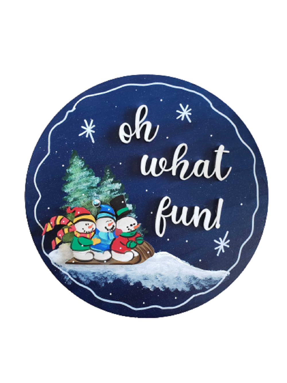 Design By Line Round MDF Cutout Oh What Fun Snowmen On Sled - Unfinished For DIY