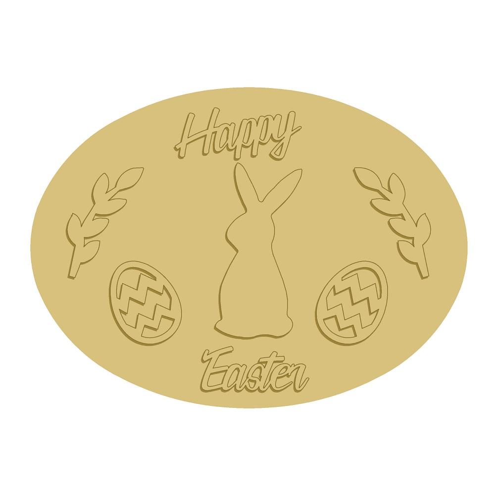 3D Oval Plaque MDF Cutout Happy Easter Bunny With Eggs - Unfinished For DIY