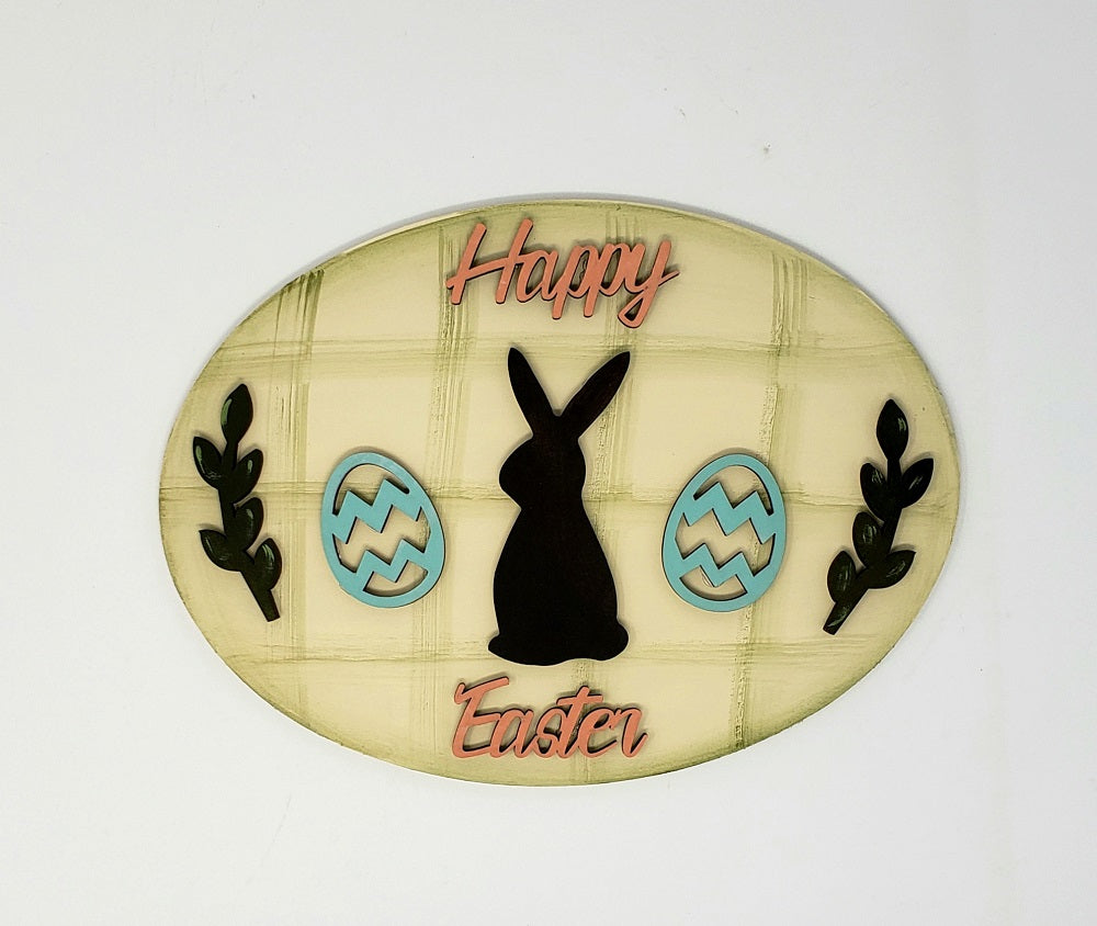 Design By Line Oval MDF Cutout Happy Easter Bunny & Eggs Laurel Design - Unfinished For DIY