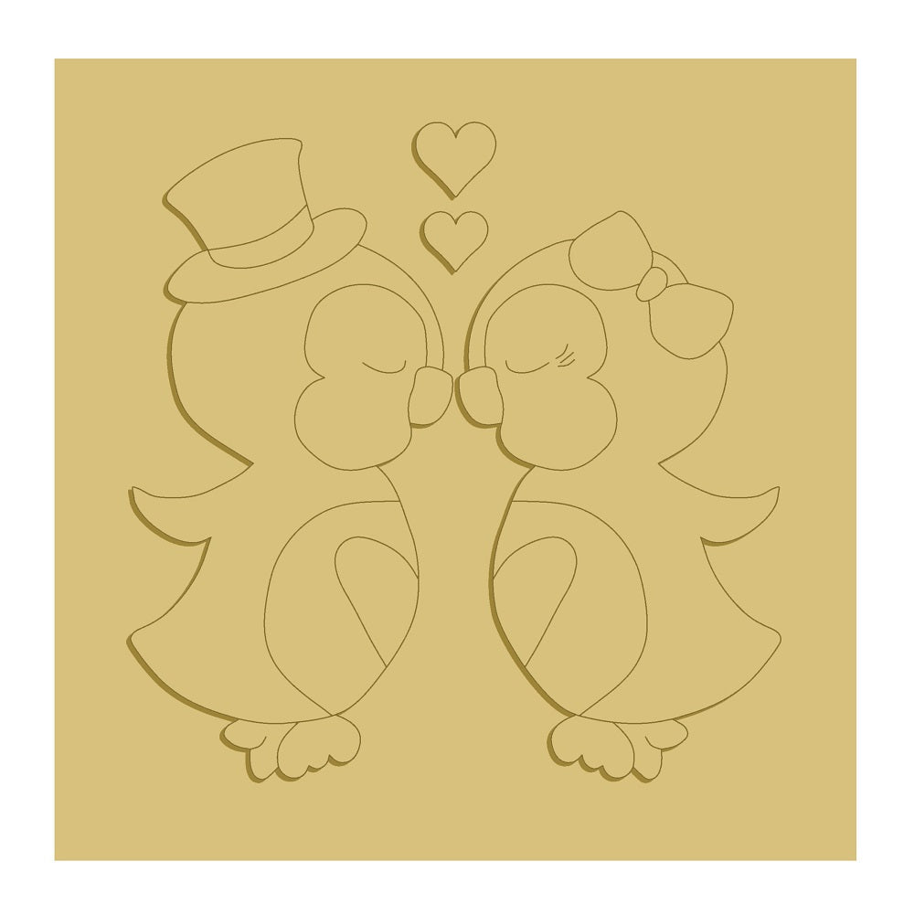 3D Square MDF Cutout Penguin Couple Kissing - Unfinished For DIY