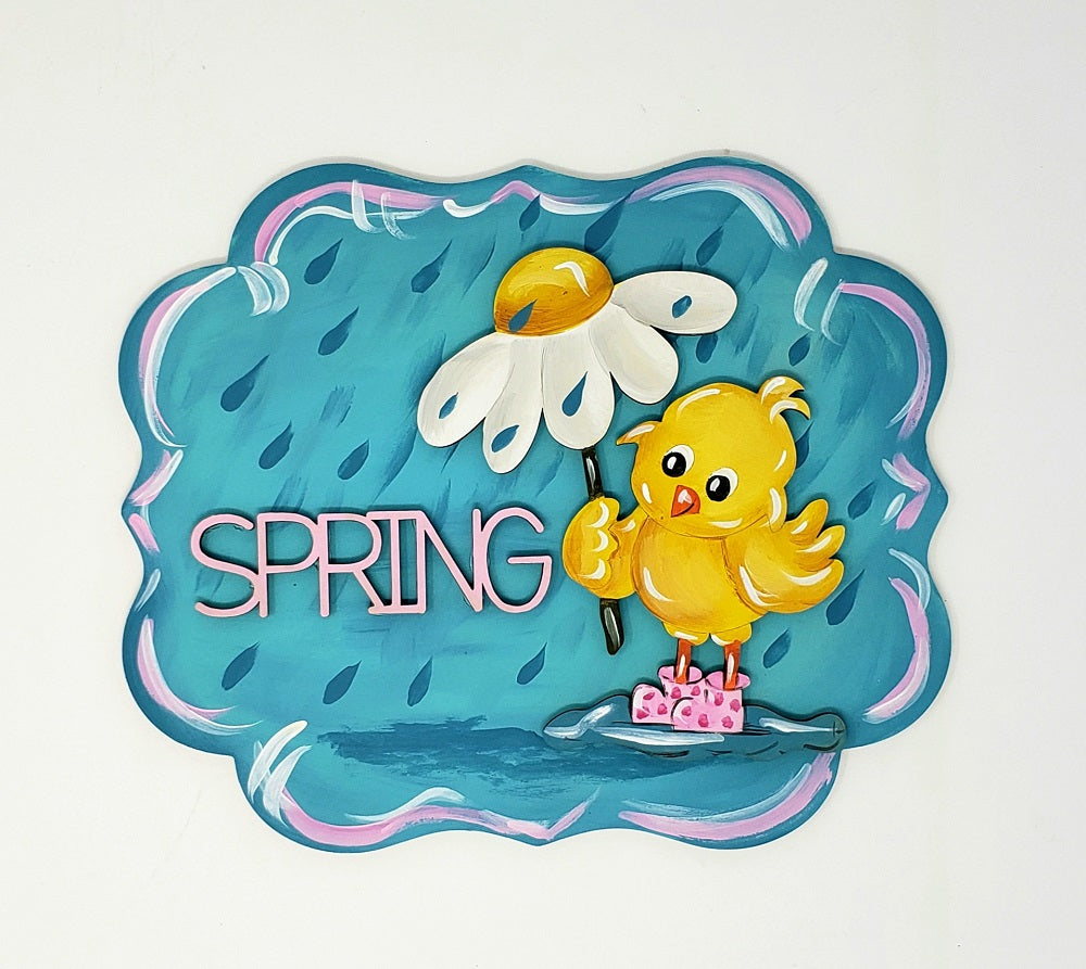 3D Scalloped Plaque MDF Cutout Spring Chik With Sunflower - Unfinished For DIY