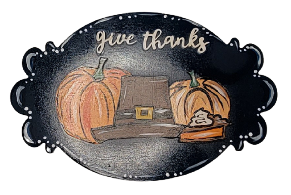 3D Oval Plaque MDF Cutout Give Thanks With Pumpkins And Pilgrim Hat - Unfinished For DIY