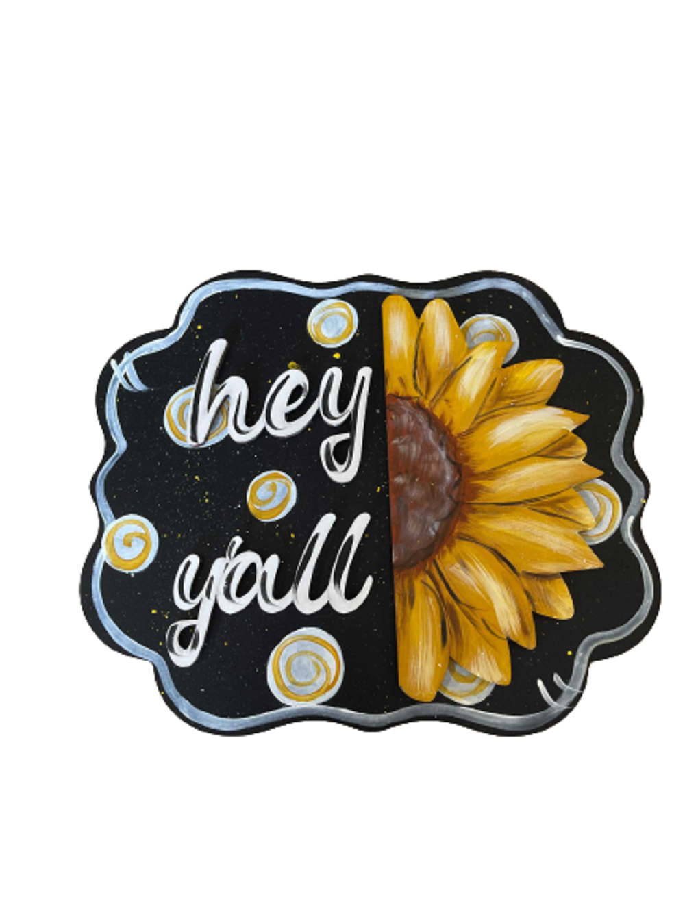 3D Scalloped Plaque MDF Cutout Hey Y'all With Sunflower Split Design - Unfinished For DIY
