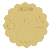 3D Round MDF Cutout Mr & Mrs Wedding Ring Dress Castle - Unfinished For DIY
