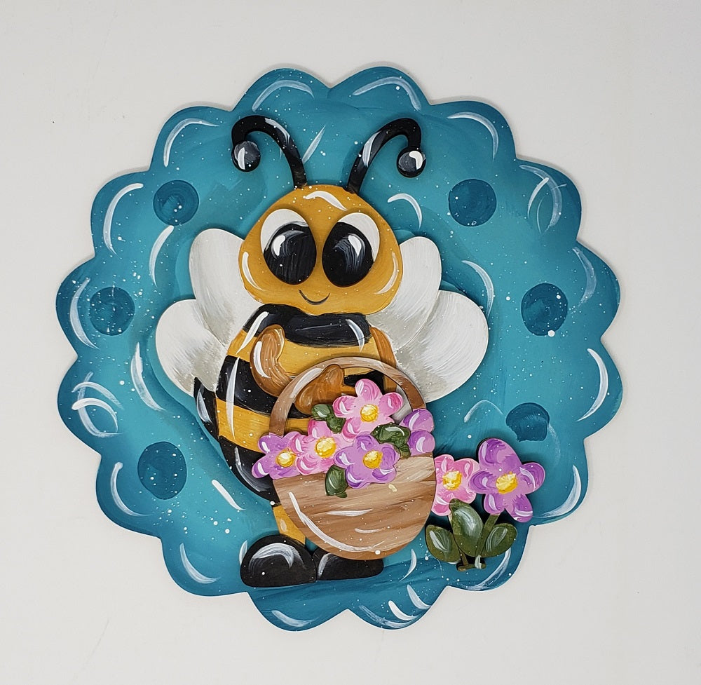 Design By Line Scalloped Circle MDF Cutout Bee With Flower Basket And Blooms - Unfinished For DIY
