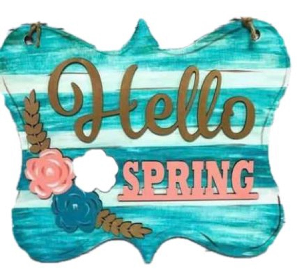 Design By Line Plaque Flower Shaped MDF Cutout Hello Spring - Unfinished For DIY