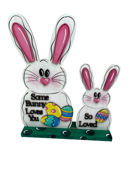 3D Rabbit Duo MDF Cutout Some Bunny Loves You So Loved With Easter Eggs On Base - Unfinished For DIY