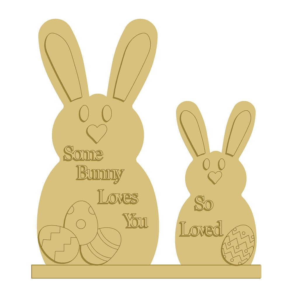 3D Rabbit Duo MDF Cutout Some Bunny Loves You So Loved With Easter Eggs On Base - Unfinished For DIY