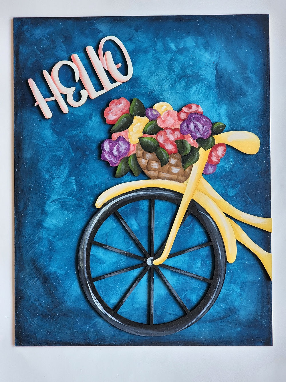 3D Square MDF Cutout Hello Bicycle With Bouquet - Unfinished For DIY