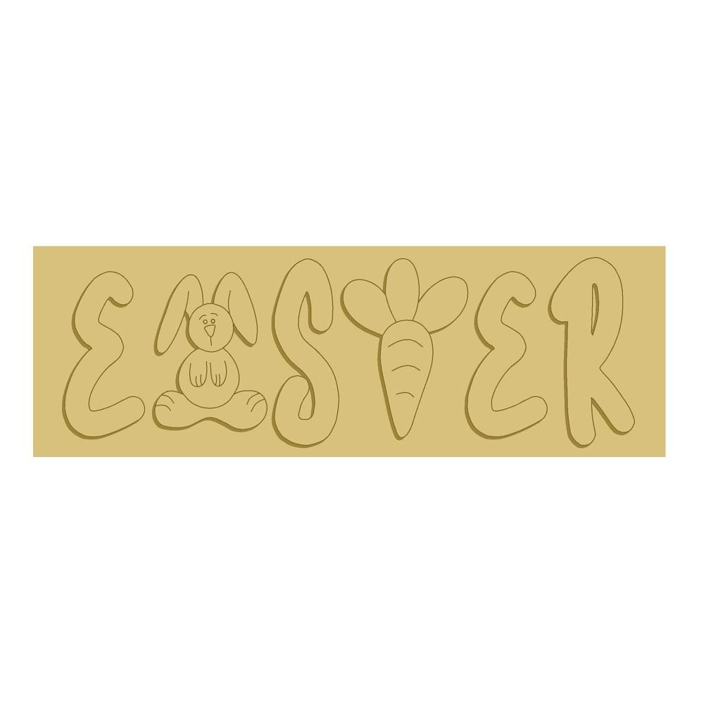 3D Rectangle MDF Cutout Easter Word Art With Bunny And Carrot - Unfinished For DIY