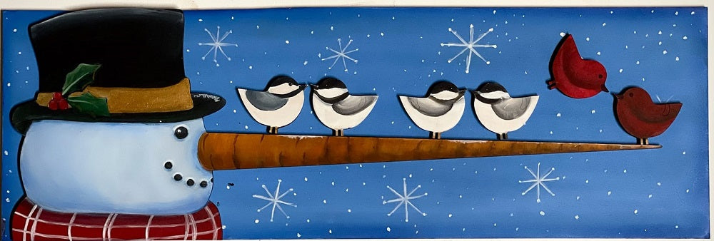 3D Snowman MDF Cutout With Birds On Carrot Nose - Unfinished For DIY