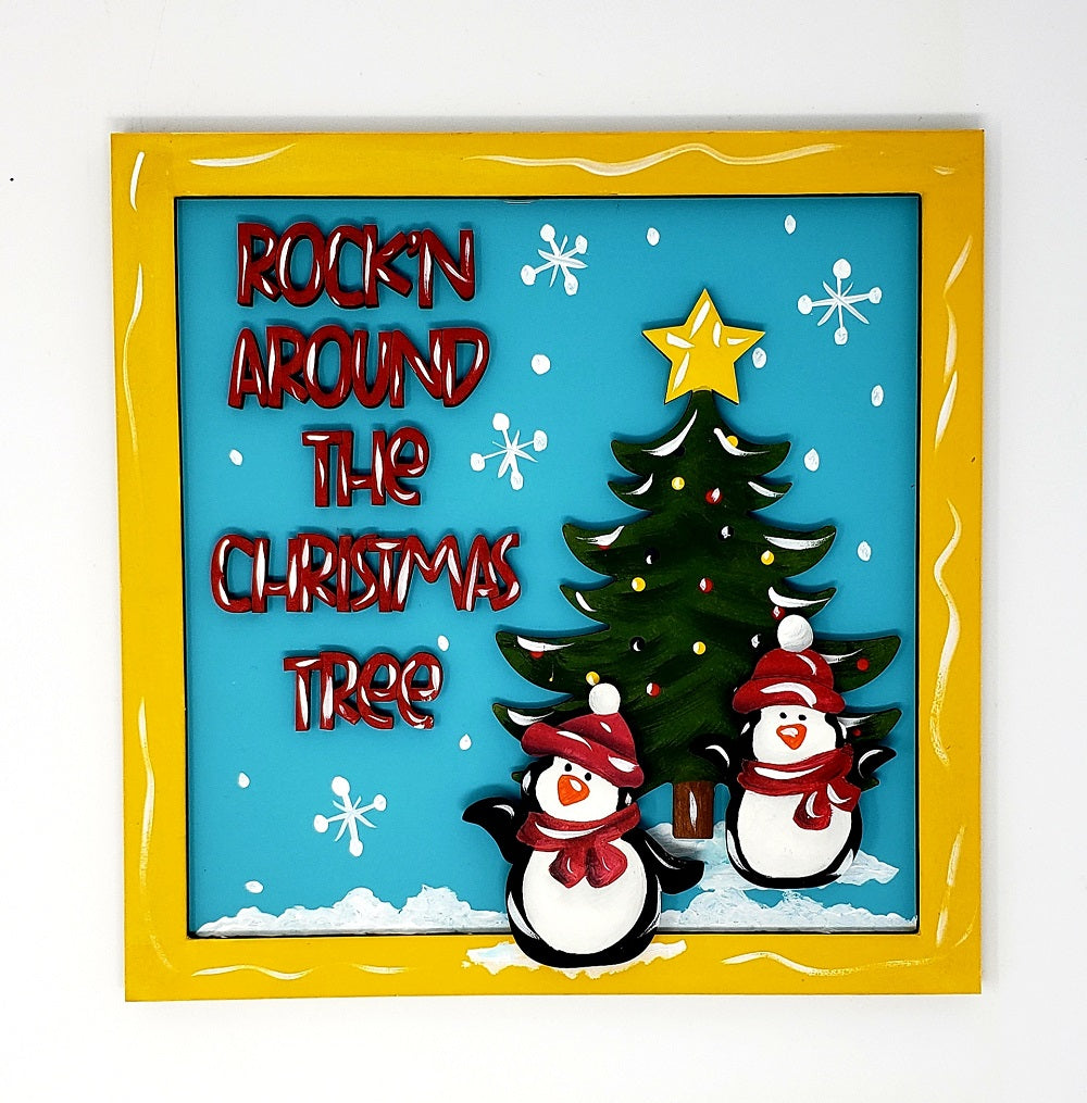 3D Square MDF Cutout Rockin Around The Christmas Tree - Unfinished For DIY