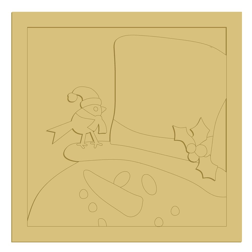 3D Square MDF Cutout Winter Scene With Bird On Snowman HatWith Holly - Unfinished For DIY