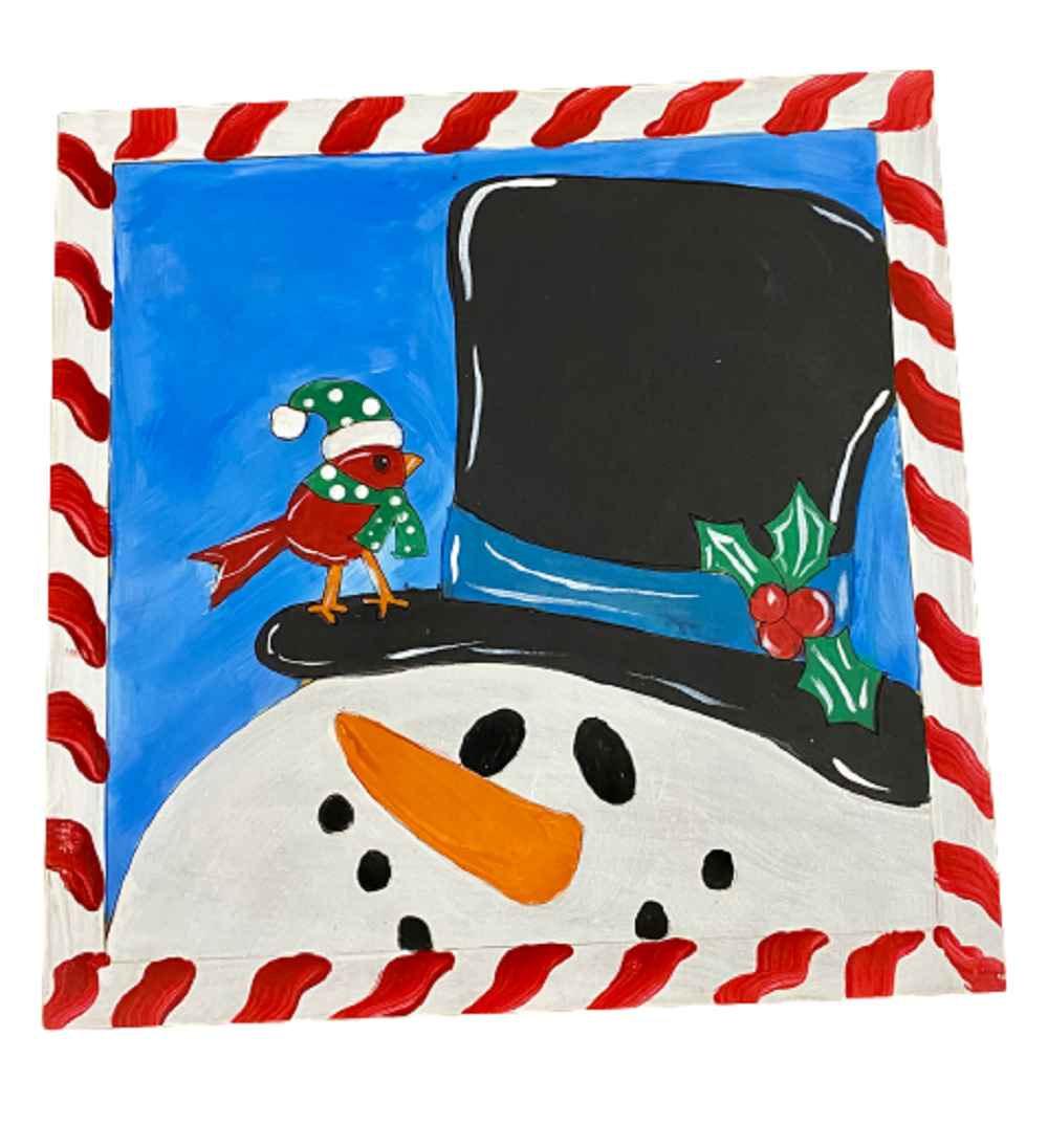3D Square MDF Cutout Winter Scene With Bird On Snowman HatWith Holly - Unfinished For DIY