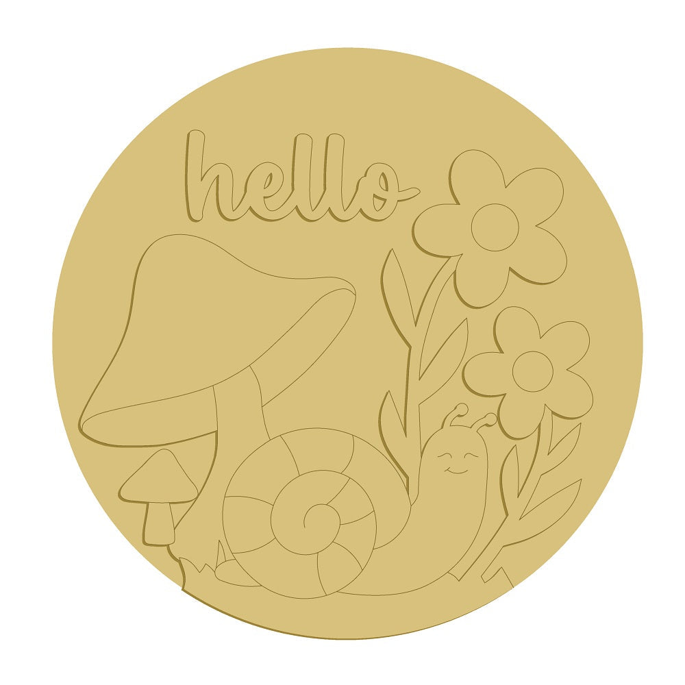 3D Round MDF Cutout Hello Mushroom Snail Floral Scene - Unfinished For DIY
