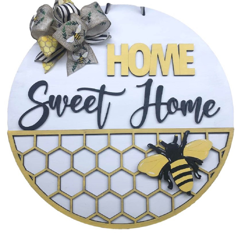 3D Round MDF Cutout Bee With Home Sweet Home Phrase And Honeycomb Pattern - Unfinished For DIY