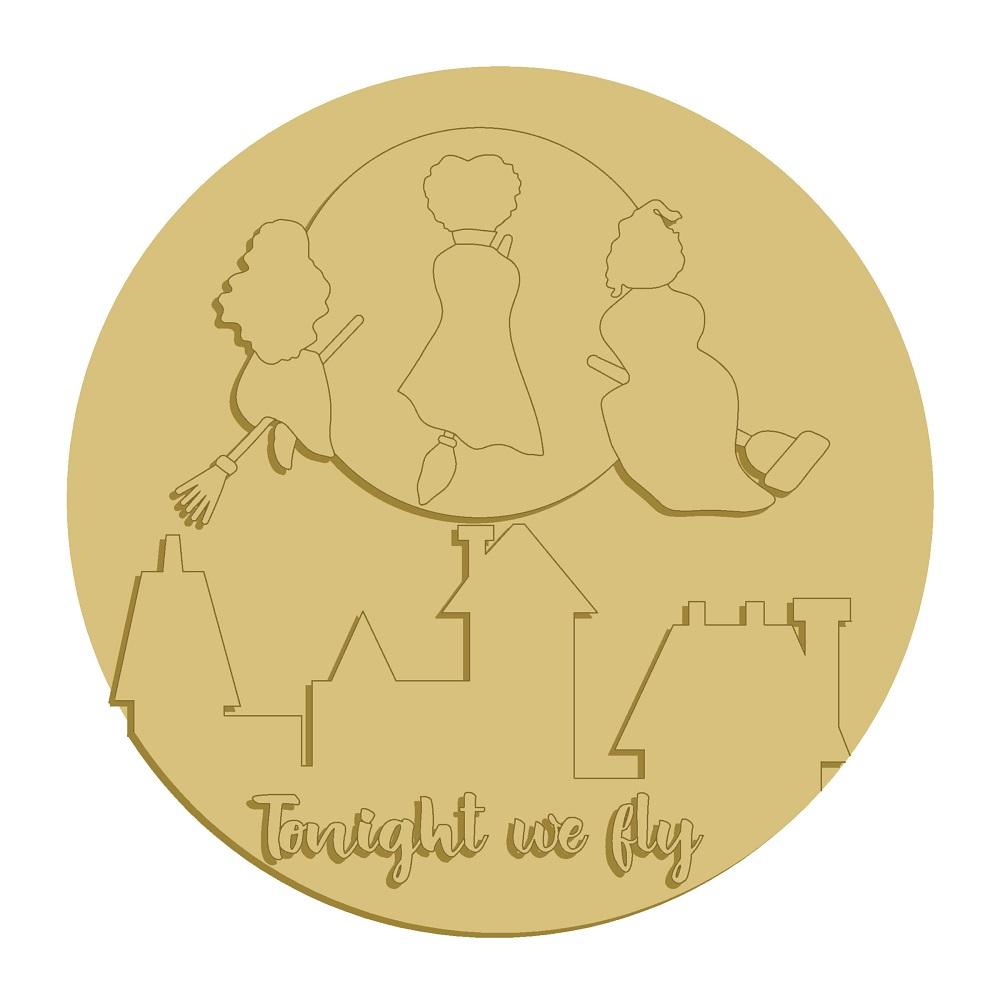 3D Round MDF Cut Out Tonight We Fly Circle Scene Silhouettes Over City - Unfinished For DIY