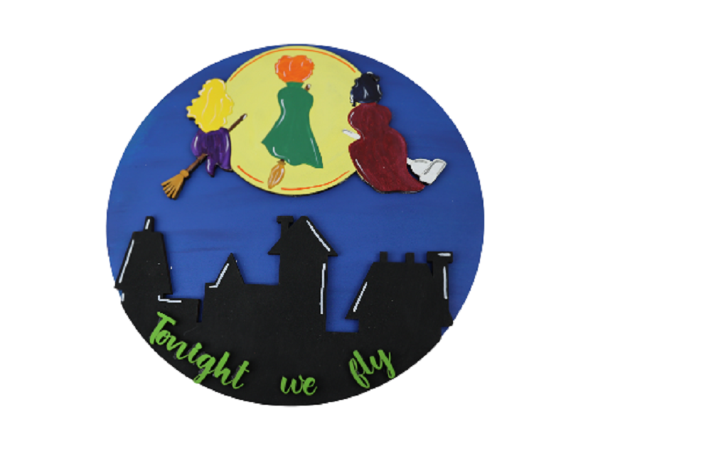 3D Round MDF Cut Out Tonight We Fly Circle Scene Silhouettes Over City - Unfinished For DIY