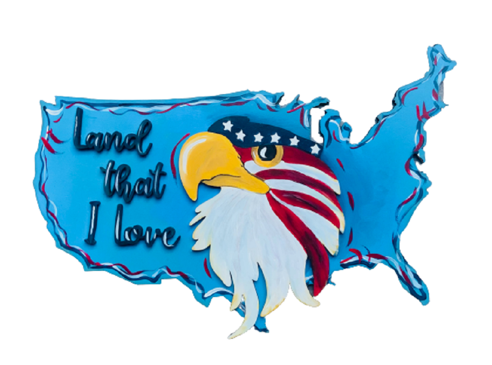 Design By Line United States Map MDF Cutout With Eagle And Land That I Love Script - Unfinished For DIY