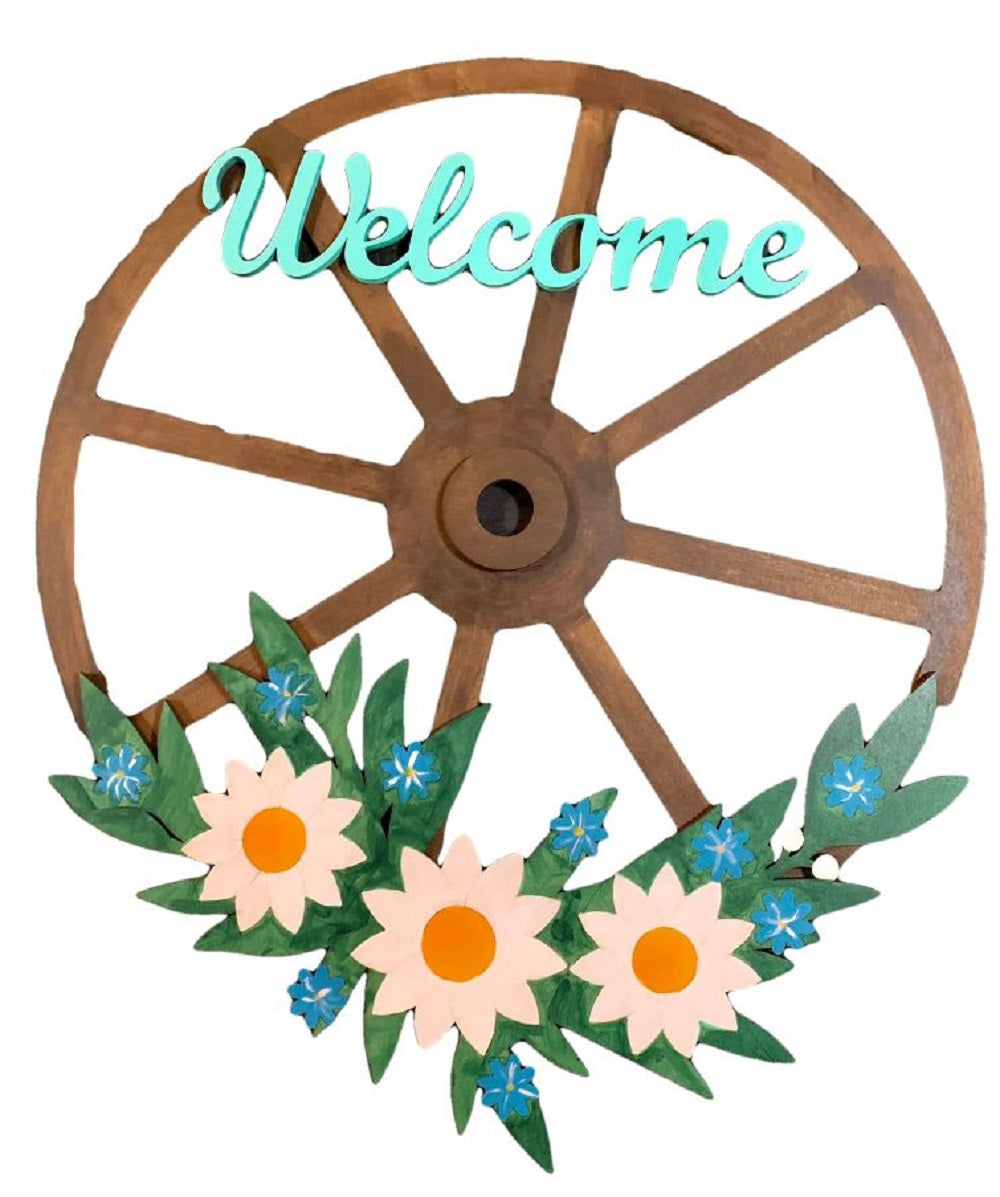 3D Wagon Wheel MDF Cut Out Welcome Floral Decor - Unfinished For DIY