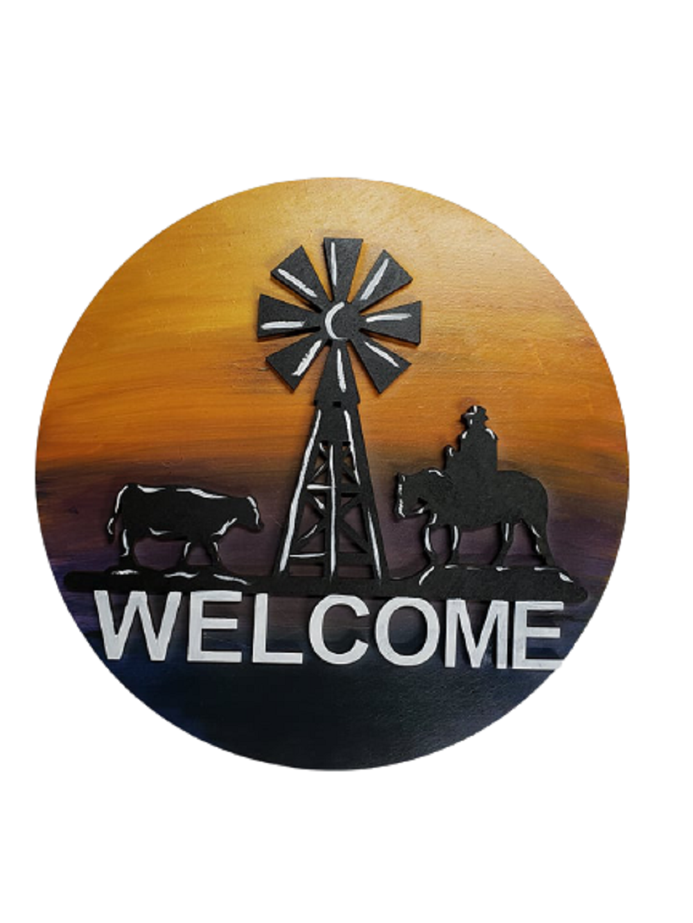3D Round MDF Cutout Windmill Scene With Cow And Horse Welcome - Unfinished For DIY