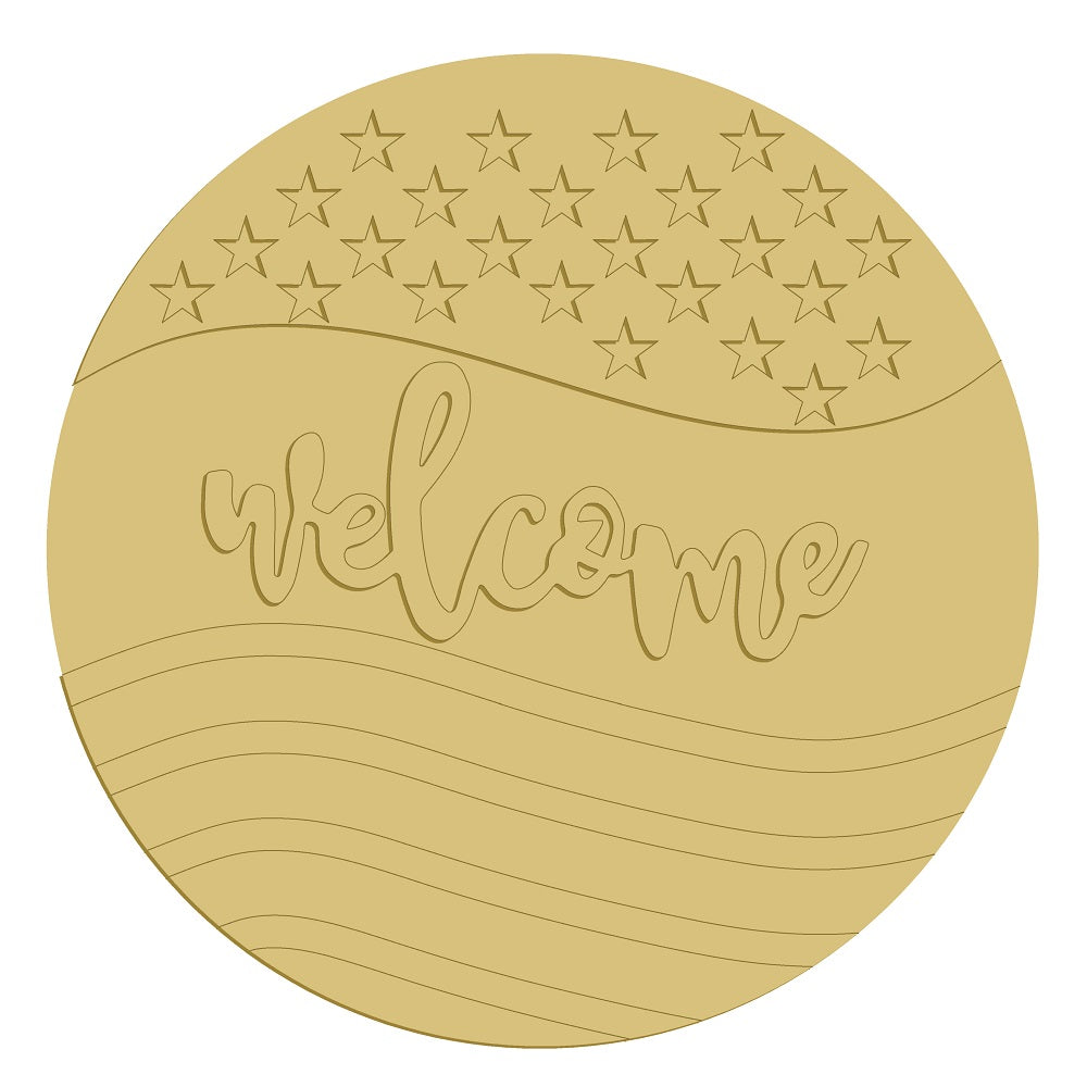 3D Round MDF Cutout Welcome With Stars And Stripes - Unfinished For DIY