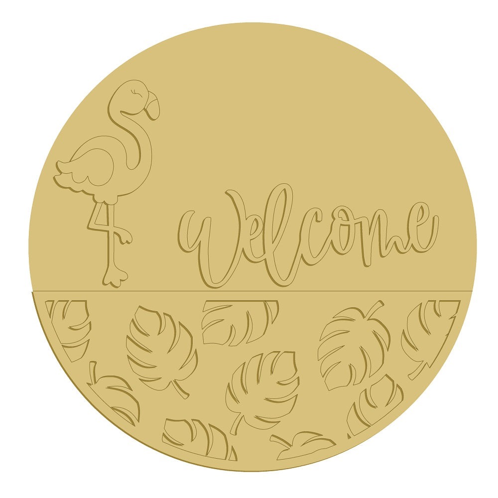 3D Round MDF Cutout Palm Welcome Flamingo - Unfinished For DIY