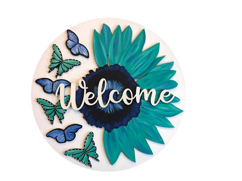 3D Round MDF Cutout Welcome Sunflower With Butterflies - Unfinished For DIY