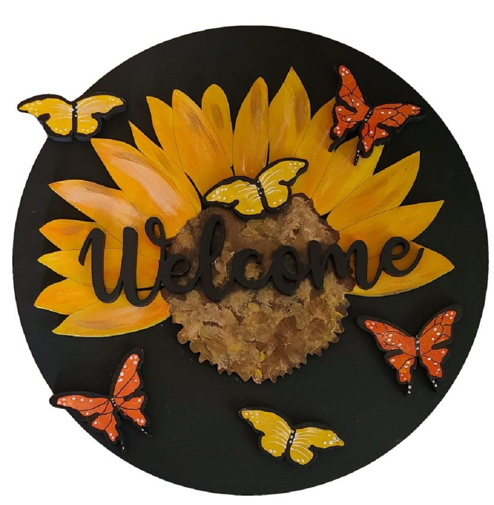 3D Round MDF Cutout Welcome Sunflower With Butterflies - Unfinished For DIY