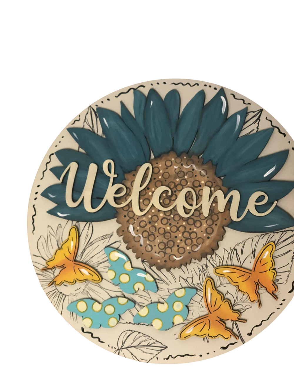 3D Round MDF Cutout Welcome Sunflower With Butterflies - Unfinished For DIY