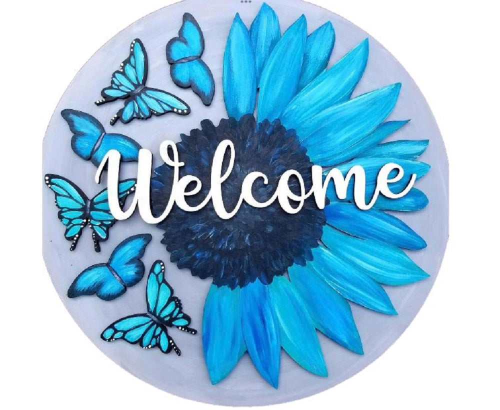 3D Round MDF Cutout Welcome Sunflower With Butterflies - Unfinished For DIY