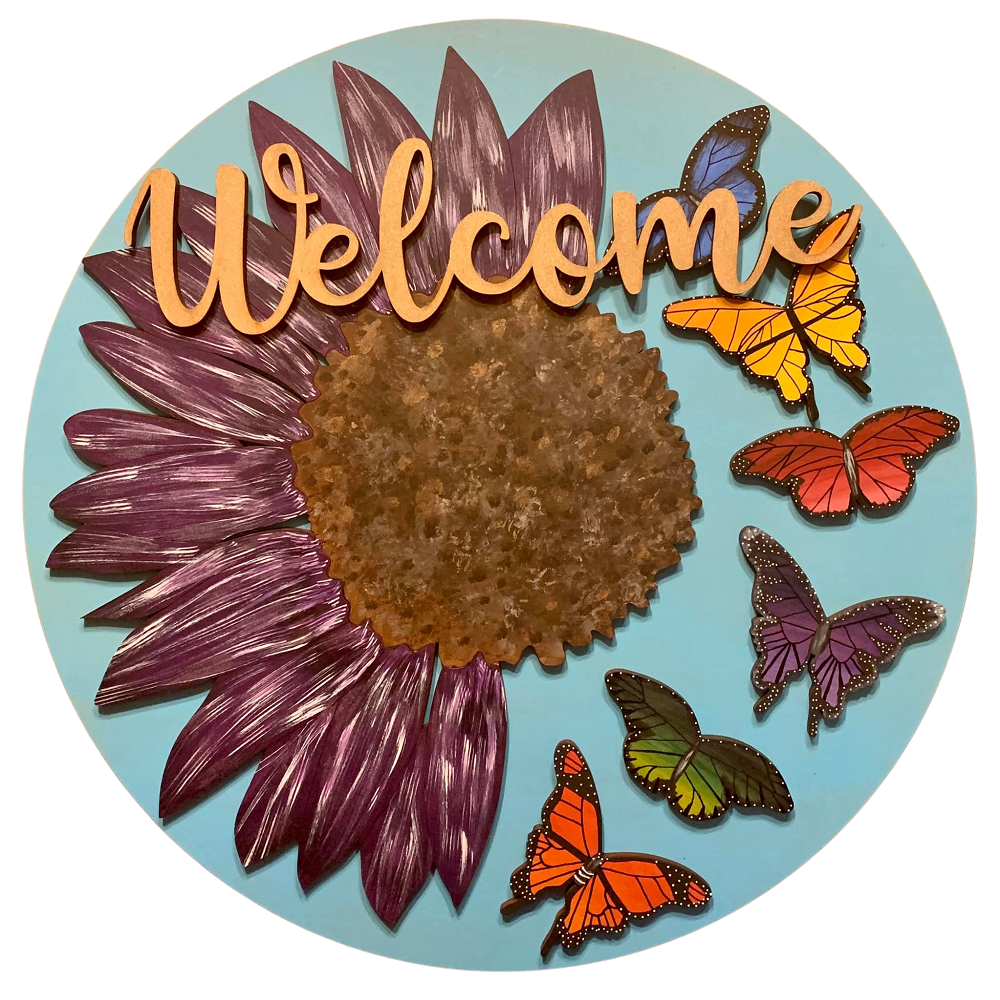 3D Round MDF Cutout Welcome Sunflower With Butterflies - Unfinished For DIY