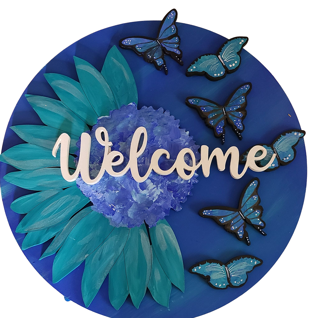 3D Round MDF Cutout Welcome Sunflower With Butterflies - Unfinished For DIY