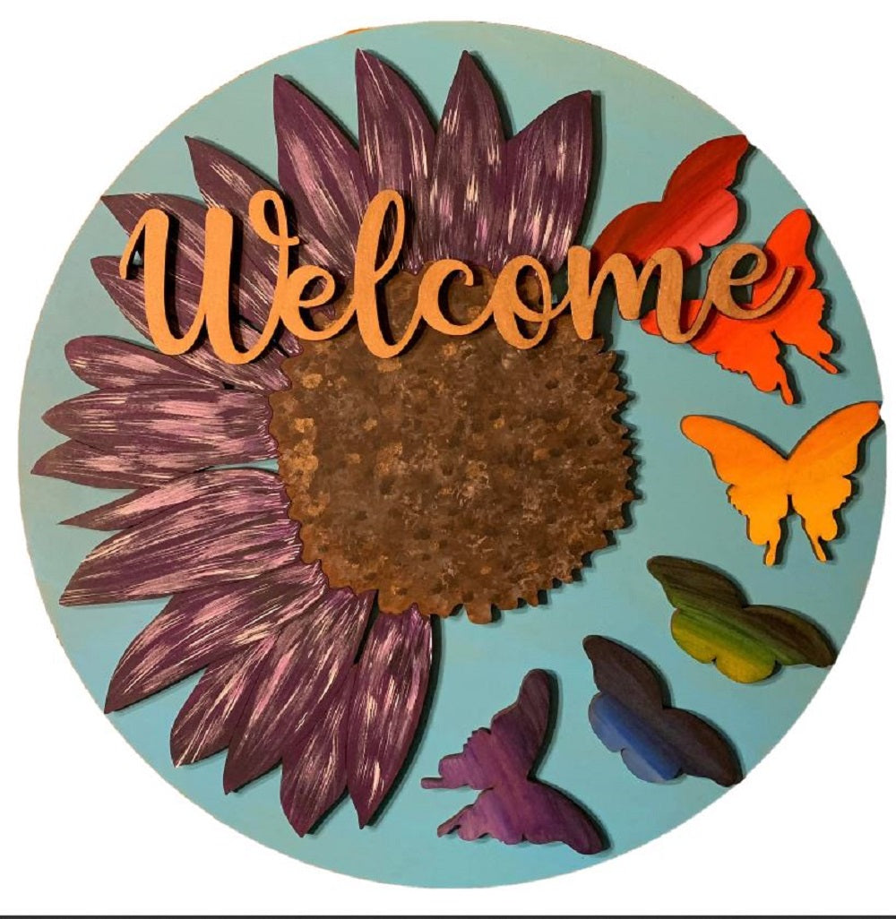 3D Round MDF Cutout Welcome Sunflower With Butterflies - Unfinished For DIY