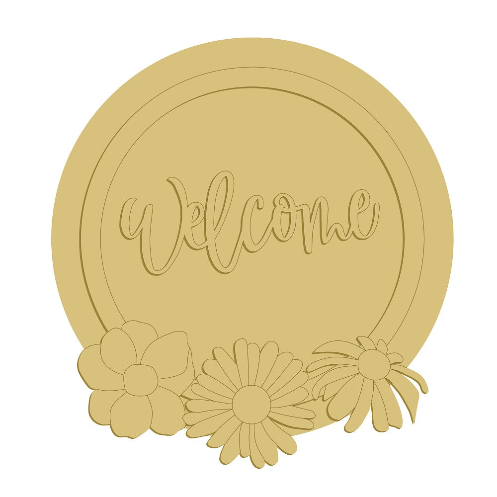 3D Round MDF Cutout Welcome With Flowers - Unfinished For DIY
