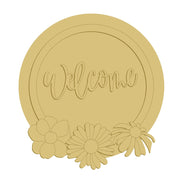 3D Round MDF Cutout Welcome With Flowers - Unfinished For DIY