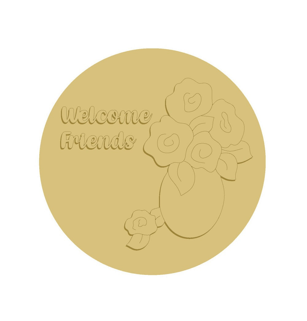3D Round MDF Cutout Welcome Friends With Flower Pot - Unfinished For DIY