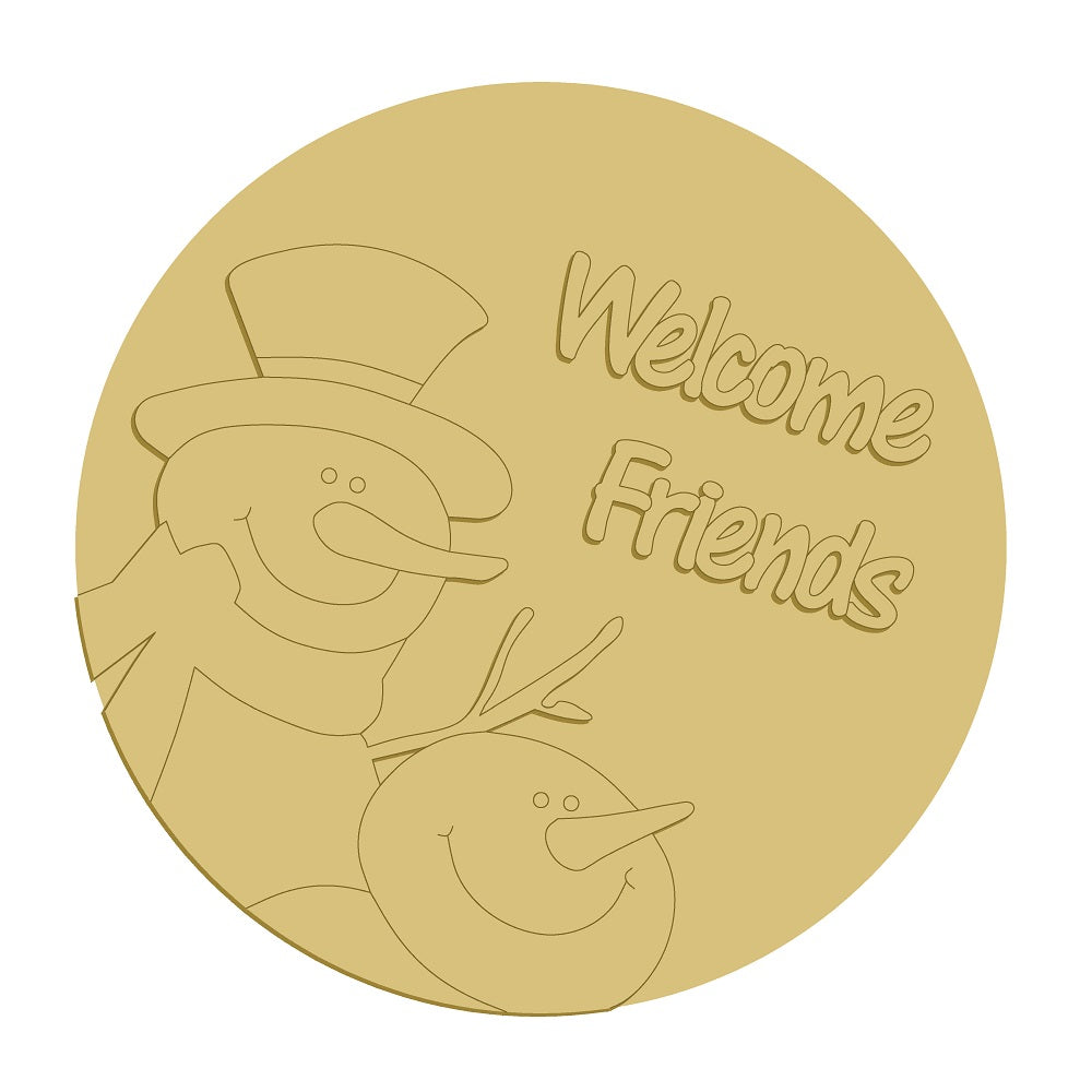 3D Round MDF Cutout Welcome Friends Snowmen - Unfinished For DIY