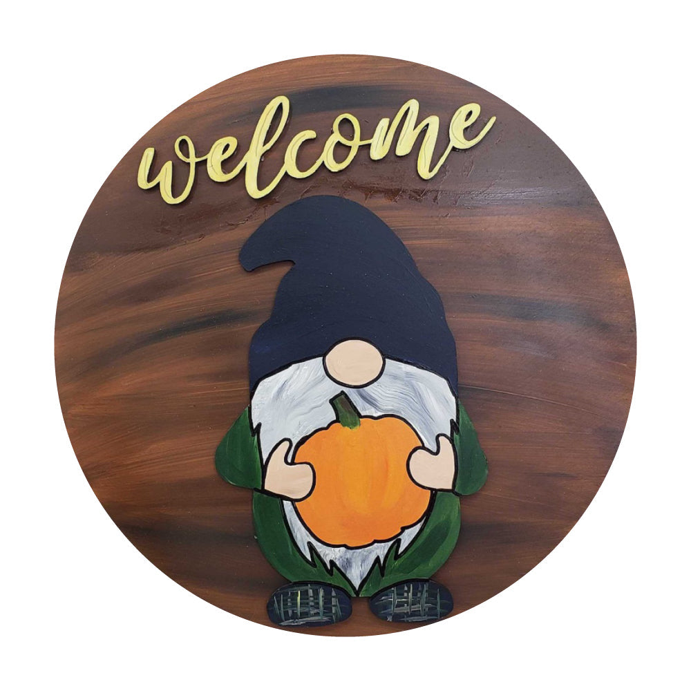 3D Round MDF Cut Out Welcome Gnome With Pumpkin - Unfinished For DIY