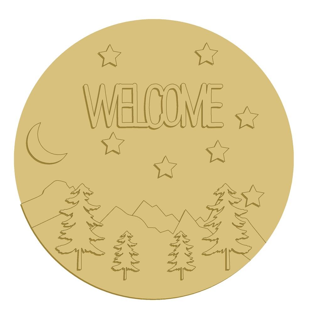 3D Round MDF Cutout WELCOME Mountain Scene With Moon Stars And Pine Trees - Unfinished For DIY