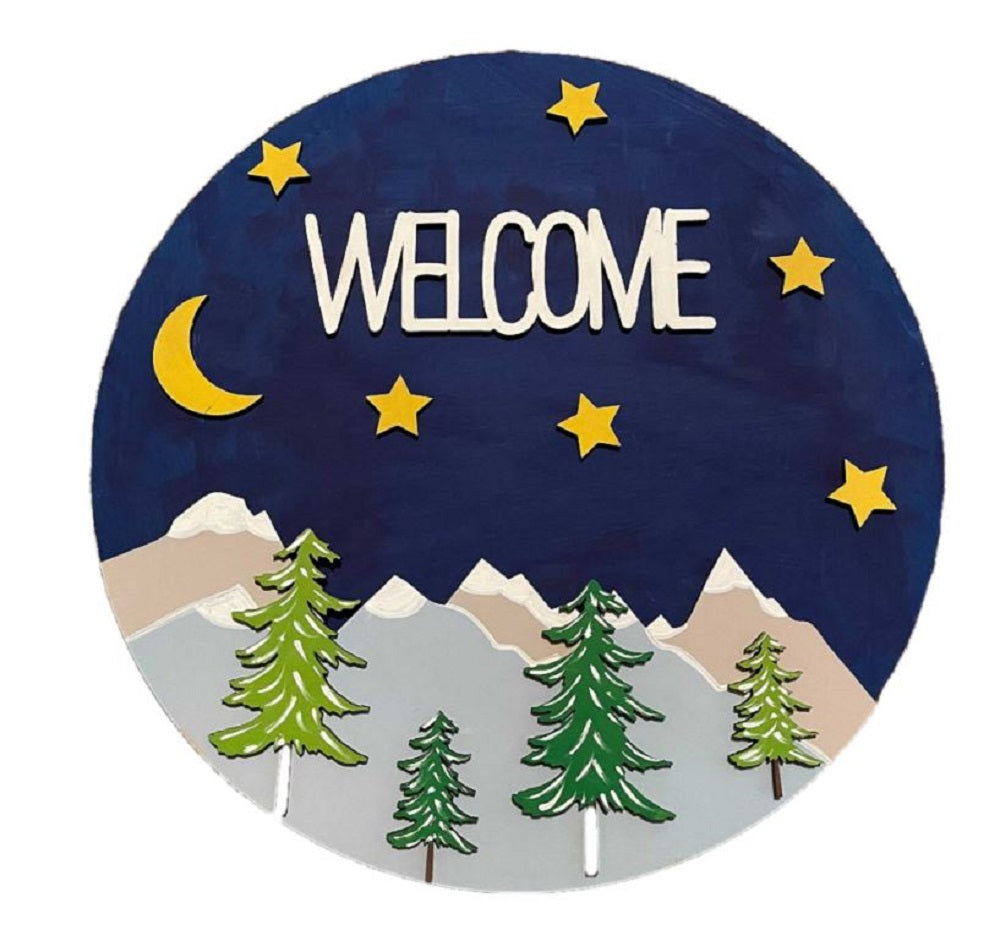 3D Round MDF Cutout WELCOME Mountain Scene With Moon Stars And Pine Trees - Unfinished For DIY