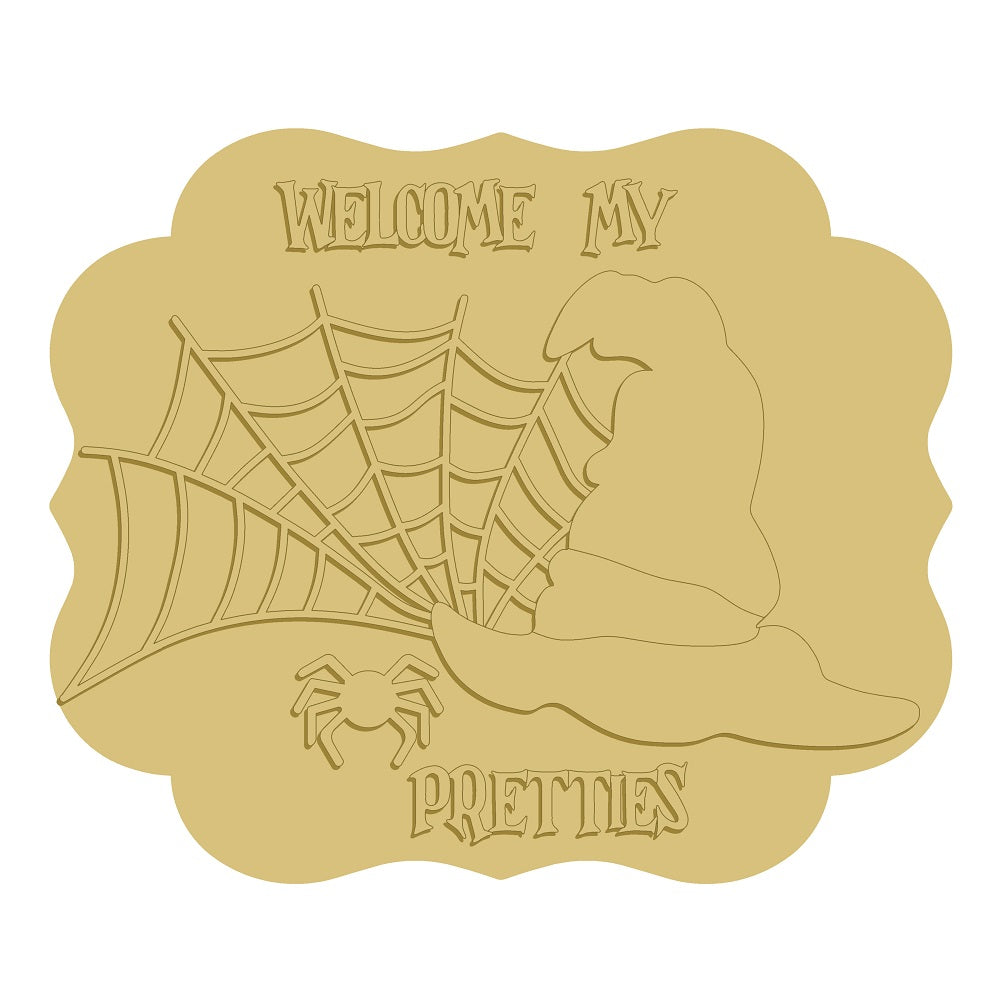 3D Scalloped Plaque MDF Cutout Welcome My Pretties Spider Web Witch Boot - Unfinished For DIY