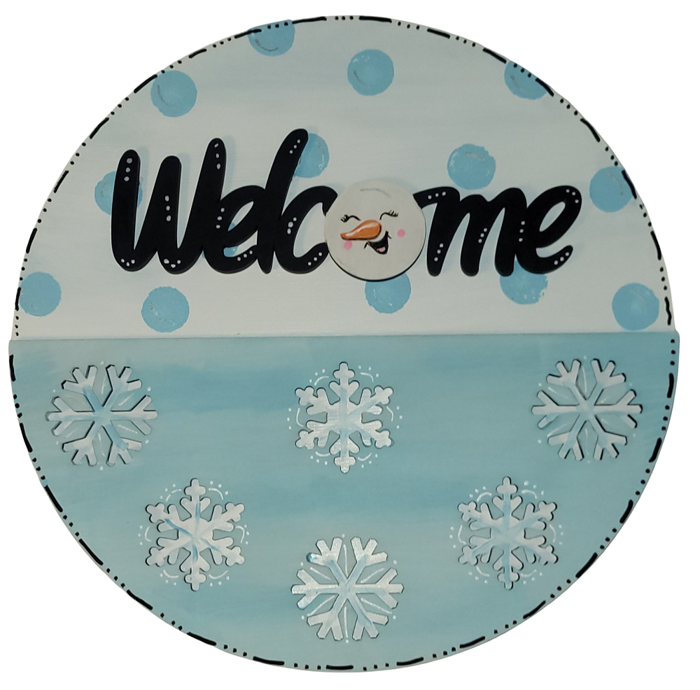 3D Round MDF Cutout Welcome With Snowma Head and Snowflakes - Unfinished For DIY